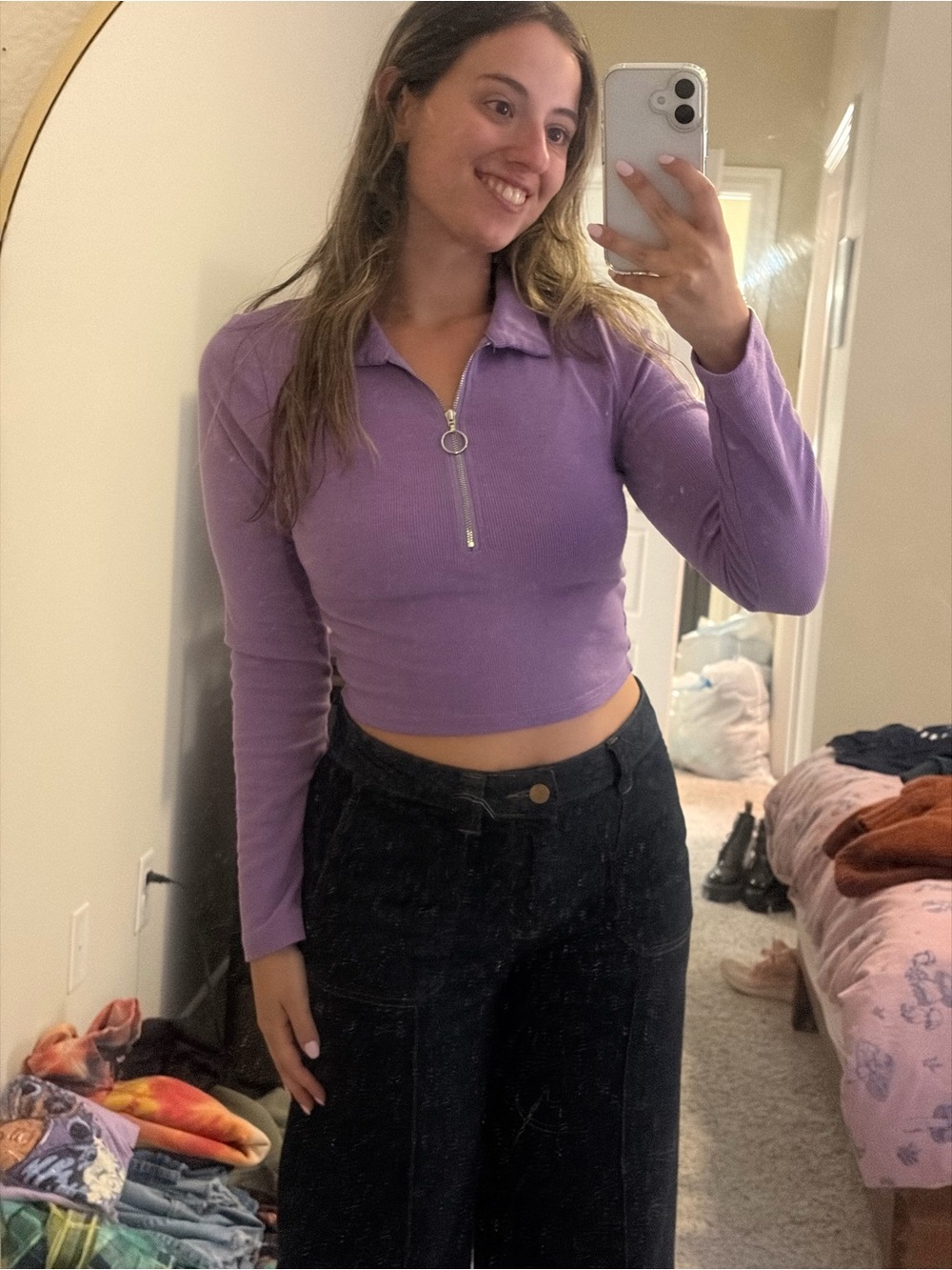 Better Be Lilac Ribbed Long-Sleeve Cropped Zip Polo